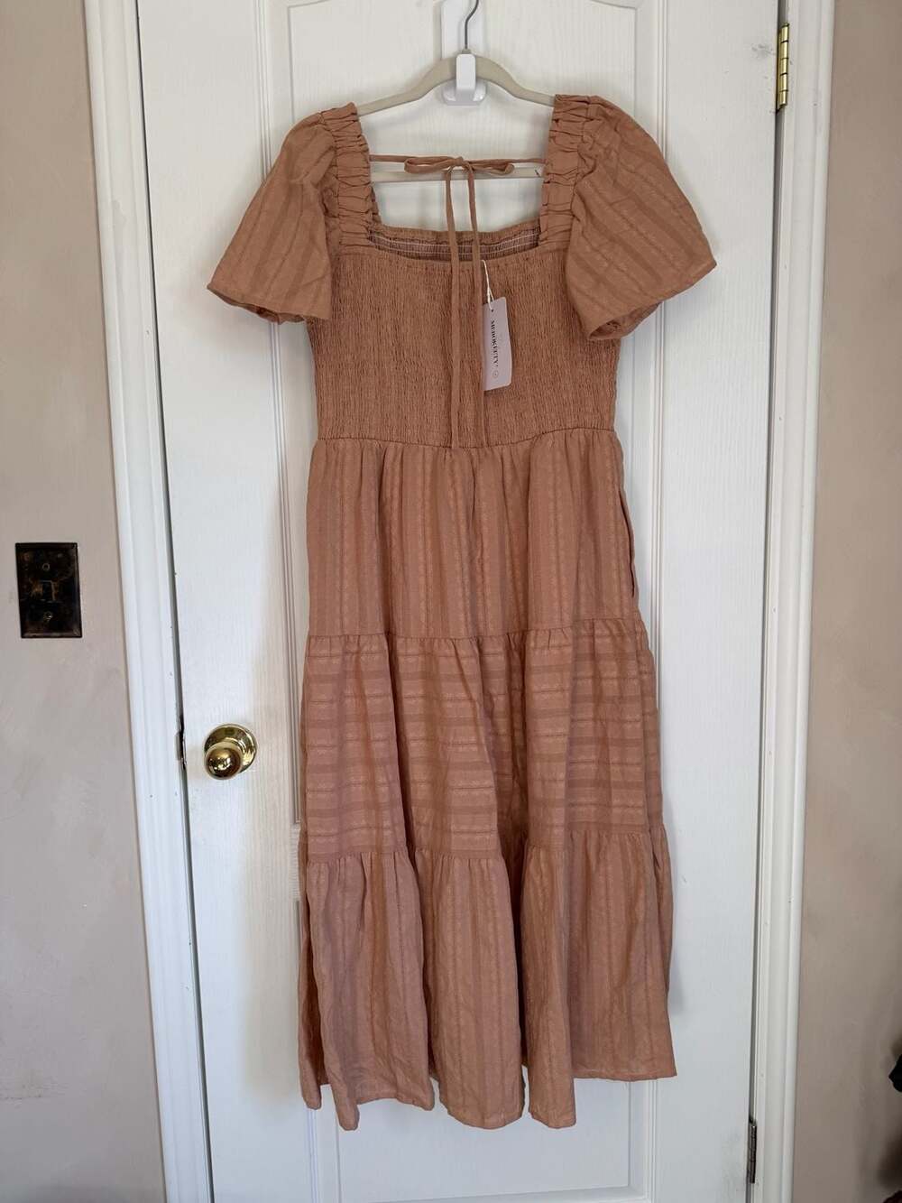MEROKEETY Women's Square Neck Puff Short Sleeve Smocked Tiered Midi Dress Size L